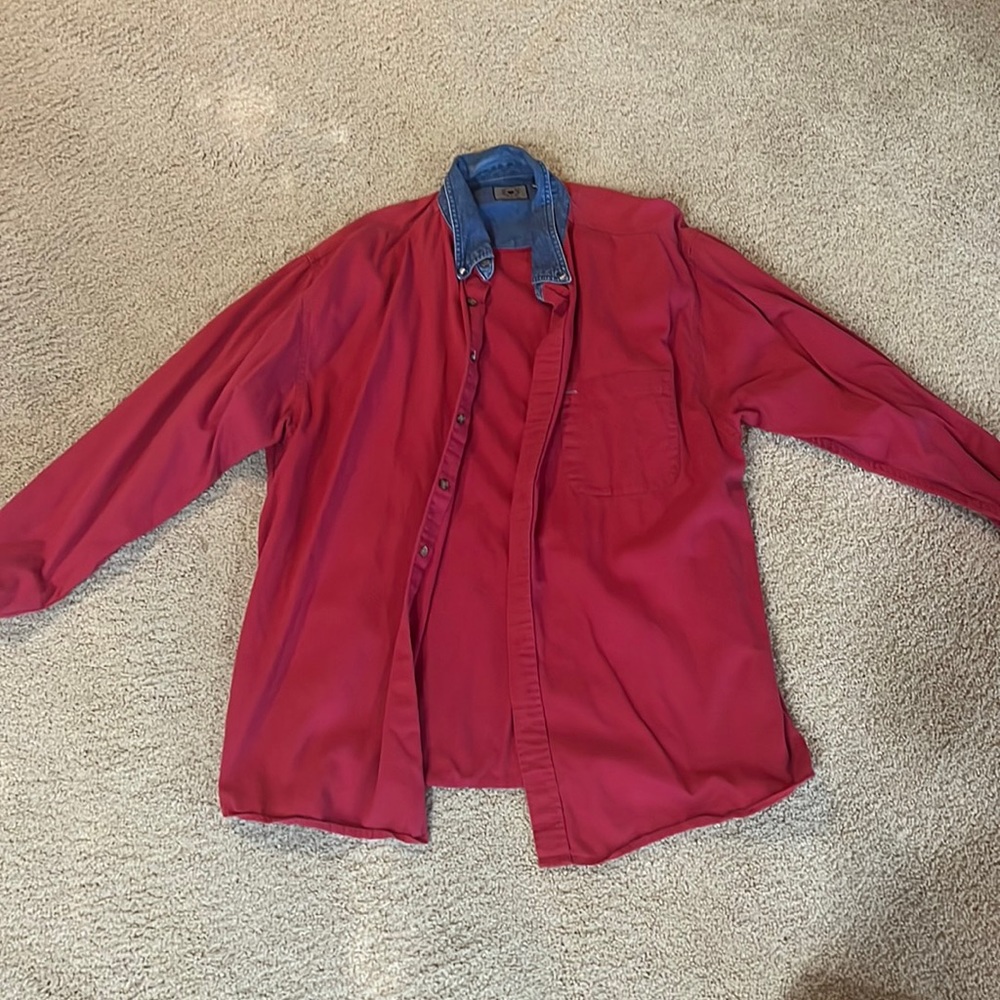 Men’s Red Button Up w Denim Collar